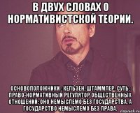 в двух словах о нормативистской теории. основоположники : кельзен, штаммлер. суть: право-нормативный регулятор общественных отношений; оно немыслемо без государства, а государство немыслемо без права.