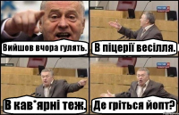 Вийшов вчора гулять. В піцерії весілля. В кав*ярні теж. Де гріться йопт?