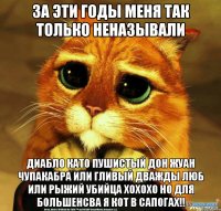 За Эти годы меня так только неназывали Диабло като пушистый дон жуан чупакабра или гливый дважды люб или рыжий убийца хохохо но для большенсва я Кот в Сапогах!!