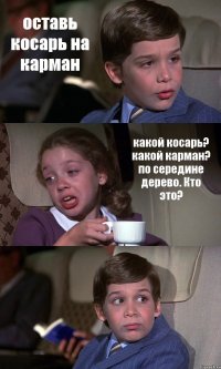 оставь косарь на карман какой косарь? какой карман? по середине дерево. Кто это? 