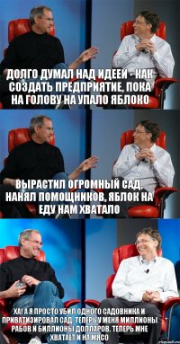 Долго думал над идеей - как создать предприятие, пока на голову на упало яблоко Вырастил огромный сад, нанял помощников, яблок на еду нам хватало Ха! А я просто убил одного садовника и приватизировал сад. Теперь у меня миллионы рабов и биллионы долларов. Теперь мне хватает и на мясо