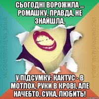 Сьогодні ворожила ... Ромашку, правда, не знайшла. У підсумку: кактус - в мотлох, руки в крові, але начебто, сука, любить!