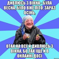 дивлюсь з вікна - була весна, було вже літо, зараз осінь, отак на все й дивлюсь з вікна, бо так іще й в онлайні досі