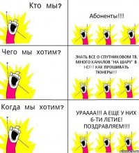 Абоненты!!! Знать все о спутниковом ТВ, много каналов "на шару" в HD!!! как прошивать тюнеры!!! УРАААА!!! А еще у них 6-ти летие! Поздравляем!!!