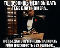 ты просишь меня выдать тебе блат номера... но ты даже не можешь написать мою должность без ошибок...