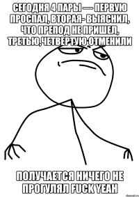 Сегодня 4 пары — первую проспал, вторая- выяснил, что препод не пришел, третью,четвертую отменили Получается ничего не прогулял FUCK YEAH