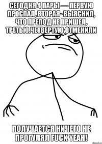 Сегодня 4 пары — первую проспал, вторая- выяснил, что препод не пришел, третью,четвертую отменили Получается ничего не прогулял FUCK YEAH!