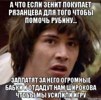 а что если Зенит покупает Рязанцева для того чтобы помочь рубину... Заплатят за него огромные бабки и отдадут нам Широкова чтобы мы усилили игру