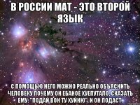 В России мат - это второй язык с помощью него можно реально объяснить человеку почему он ебаное хуепутало, сказать ему: "подай вон ту хуйню", и он подаст.