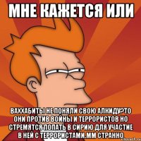 мне кажется или ваххабиты не поняли свою алкиду?то они против войны и террористов но стремятся попать в сирию для участие в ней с террористами.мм странно