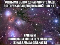 учеными было доказано,что чаще всего у извращенцев/маньяков и тд имена м: коля,саша,миша,сережа,леша ж:катя,маша,оля,настя