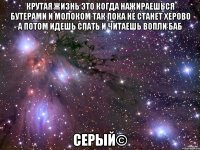 крутая жизнь это когда нажираешься бутерами и молоком так пока не станет херово а потом идешь спать и читаешь вопли баб серый©