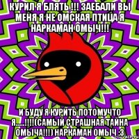 Курил я блять !!! заебали вы меня я не Омская птица я наркаман Омыч!!! И буду я курить потомучто Я.....!!!!(самый страшная тайна Омыча!!!) наркаман Омыч :3
