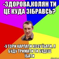 -здорова,колян ти це куда зібравсь? -у гори карпати козу їбати, я буду тримати ти будеш їбати