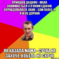 прийшов додому - мала зажимається з п'яним едіком. оправдувалася, каже - сам поліз. а я ж не дурний як казала мама - сучка не захоче, кобель не скоче