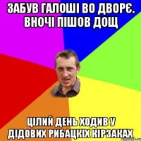 забув галоші во дворє. Вночі пішов дощ Цілий день ходив у дідових рибацкіх кірзаках