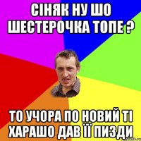 СІНЯК НУ ШО ШЕСТЕРОЧКА ТОПЕ ? ТО УЧОРА ПО НОВИЙ ТІ ХАРАШО ДАВ ЇЇ ПИЗДИ