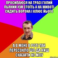 Просипаюся на трасі голий пьяний хуй стоїть а на животі сидить ворона і клює йього а в мене в роті так пересохло шо да киш сказати не моу