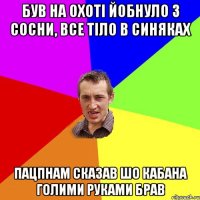 був на охоті йобнуло з сосни, все тіло в синяках пацпнам сказав шо кабана голими руками брав