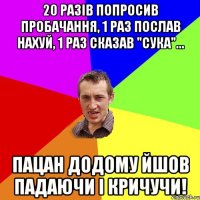 20 разів попросив пробачання, 1 раз послав нахуй, 1 раз сказав "сука"... пацан додому йшов падаючи і кричучи!