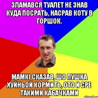 Зламався туалет не знав куда посрать, насрав коту в горшок. мамкi сказав, шо пушка хуйньой кормить, ото и сре такими кабачками