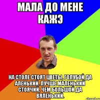 МАЛА ДО МЕНЕ КАЖЭ На столе стоят цветы, Голубой да аленький. Лучше маленький стоячий, Чем большой да вяленький.