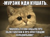 -Мурзик иди кушать. -"Наконец то она забыла про обои,тапочки и про опустевщий холодильник!"