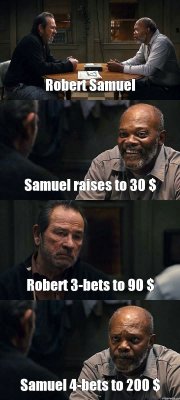 Robert Samuel Samuel raises to 30 $ Robert 3-bets to 90 $ Samuel 4-bets to 200 $