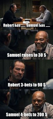 Robert has ...... Samuel has ...... Samuel raises to 30 $ Robert 3-bets to 90 $ Samuel 4-bets to 200 $