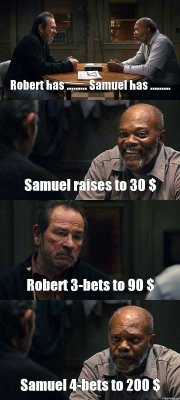 Robert has ......... Samuel has ......... Samuel raises to 30 $ Robert 3-bets to 90 $ Samuel 4-bets to 200 $