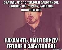 сказать что то теплое и заботливое - понять как угрозу, хамство, оскорбление нахамить, имея ввиду теплое и заботливое