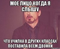 Мое лицо,когда я слышу Что училка в других классах поставила всем двойки
