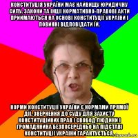 Конституція України має найвищу юридичну силу. Закони та інші нормативно-правові акти приймаються на основі Конституції України і повинні відповідати їй. Норми Конституції України є нормами прямої дії. Звернення до суду для захисту конституційних прав і свобод людини і громадянина безпосередньо на підставі Конституції України гарантується.