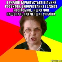 В Україні гарантується вільний розвиток, використання і захист російської, інших мов національних меншин України. 