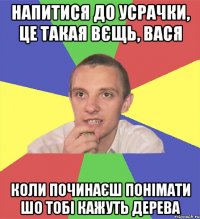 напитися до усрачки, це такая вєщь, вася коли починаєш понімати шо тобі кажуть дерева