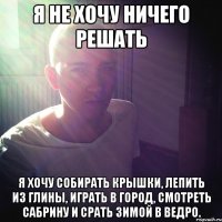 Я НЕ ХОЧУ НИЧЕГО РЕШАТЬ Я ХОЧУ СОБИРАТЬ КРЫШКИ, ЛЕПИТЬ ИЗ ГЛИНЫ, ИГРАТЬ В ГОРОД, СМОТРЕТЬ САБРИНУ И СРАТЬ ЗИМОЙ В ВЕДРО.