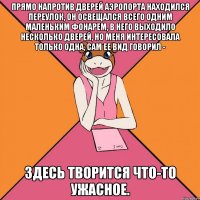 прямо напротив дверей аэропорта находился переулок, он освещался всего одним маленьким фонарем, в него выходило несколько дверей, но меня интересовала только одна, сам ее вид говорил - здесь творится что-то ужасное.