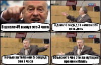 В школе 45 минут это 3 часа А дома 10 секунд за компом это весь день Ночью за телеком 5 секунд это 2 часа Объясните что это за мутация времени блять