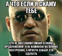 А что если я скажу тебе Что не поставиви смайл в конце предложения , я не намикаю на плохое настроение, а просто забыл это сделать