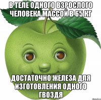 В теле одного взрослого человека массой в 65 кг достаточно железа для изготовления одного гвоздя