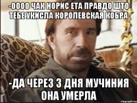 -ОООО чак норис ета правдо што тебе укисла королевская кобра -да через 3 дня мучиния она умерла