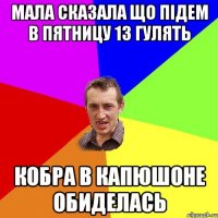 мала сказала що підем в пятницу 13 гулять кобра в капюшоне обиделась