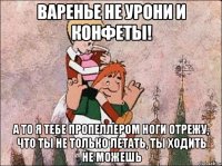 Варенье не урони и конфеты! а то я тебе пропеллером ноги отрежу, что ты не только летать, ты ходить не можешь