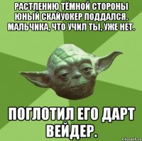 Растлению Тёмной стороны юный Скайуокер поддался. Мальчика, что учил ты, уже нет. Поглотил его Дарт Вейдер.