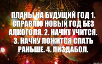 Планы на будущий год 1. Справлю новый год без алкоголя. 2. Начну учится. 3. Начну ложится спать раньше. 4. Пиздабол.