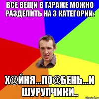 Все вещи в гараже можно разделить на 3 категории: х@йня...по@бень...и шурупчики..