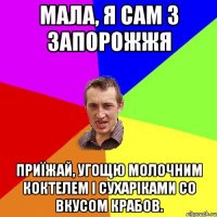 Мала, я сам з Запорожжя приїжай, угощю молочним коктелем і сухаріками со вкусом крабов.