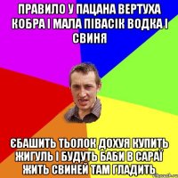 Правило у пацана Вертуха кобра і мала Півасік водка і свиня Єбашить тьолок дохуя Купить жигуль і будуть баби В сараї жить свиней там гладить