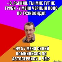 - Э, рыжий, ты мне тут не груби - у меня черный пояс по тхэквондо! - НУ а у меня синий комбинизон по автосервису, и чё!?