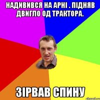 Надивився на Арні . підняв двигло од трактора. зірвав спину